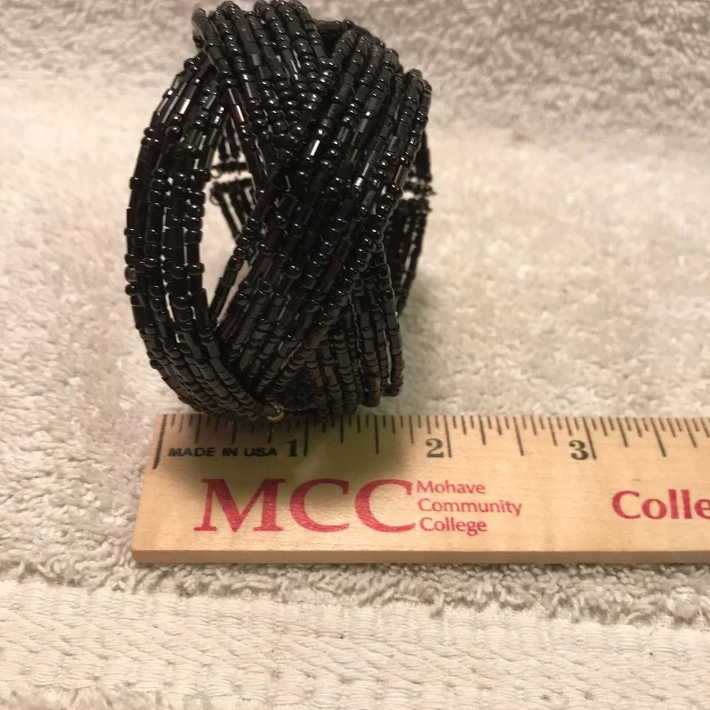 Handmade Black Beaded Bracelet - Stretchy Cuff With Intricate Design‎